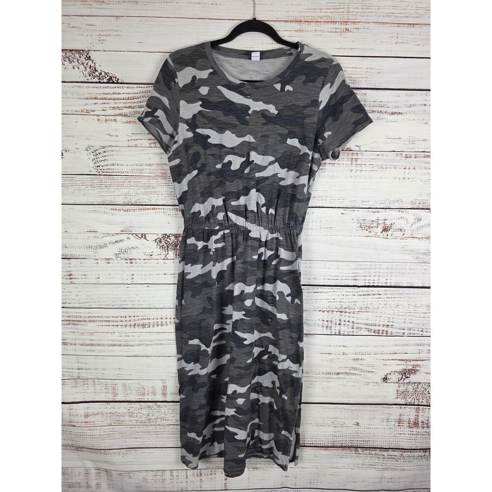 OId Navy Grey Camo Long Length Dress M Womens Crew Neck Short‎ Sleeve